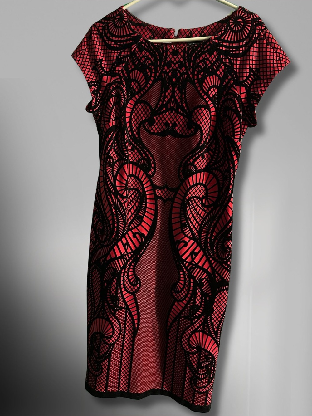 Worthington Red Midi Dress with Black Lace-Pattern